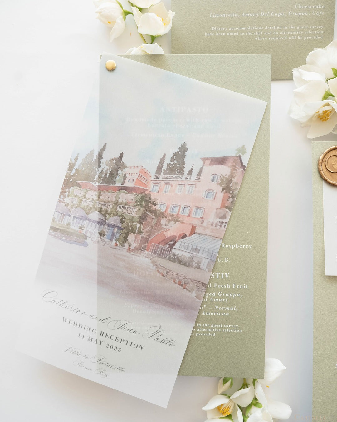 Sage Green Menu with a Vellum Cover with Custom Venue and a Gold Plexi Place Card | Villa le Fontanelle | Florence, Italy