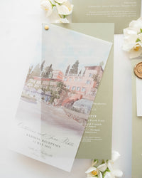 Sage Green Menu with a Vellum Cover with Custom Venue and a Gold Plexi Place Card | Villa le Fontanelle | Florence, Italy