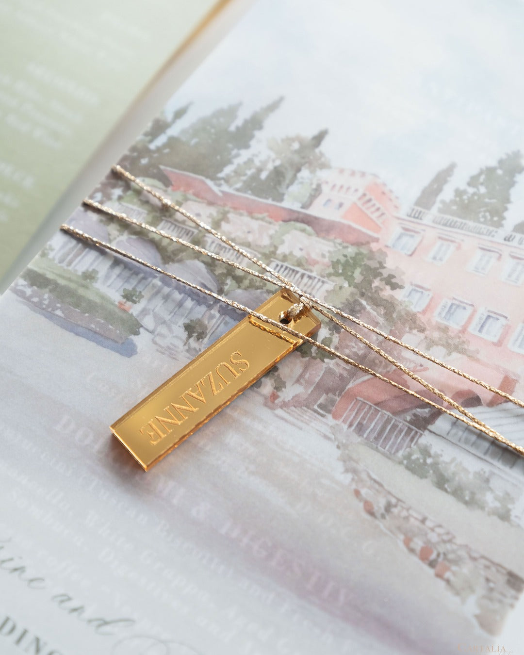 Sage Green Menu with a Vellum Cover with Custom Venue and a Gold Plexi Place Card | Villa le Fontanelle | Florence, Italy