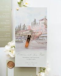 Sage Green Menu with a Vellum Cover with Custom Venue and a Gold Plexi Place Card | Villa le Fontanelle | Florence, Italy