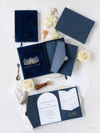 Luxury Velvet Hard Back Book & Box Pocket Invitation in Navy with Gold Foil Venue | Bespoke Commission J&M