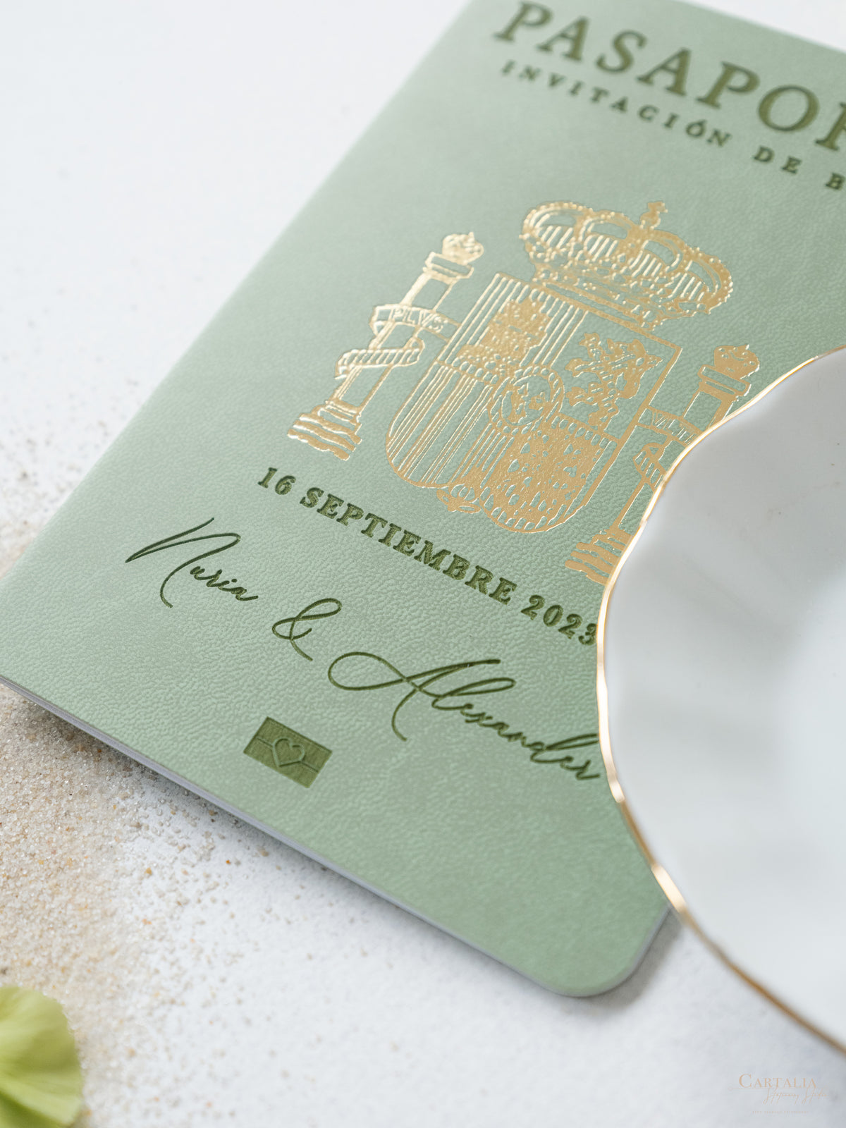 Sage Green Vegan Leather Passport Invitation | Bespoke Commission N&A