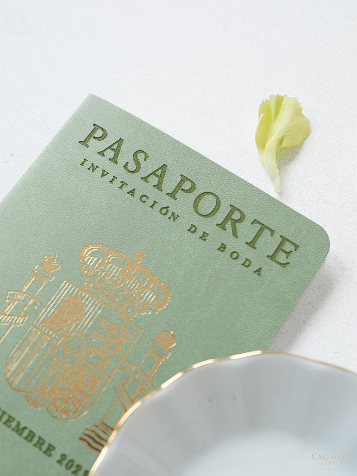 Invitación de pasaporte de cuero vegano de color verde salvia | Comisión a medida N&amp;A