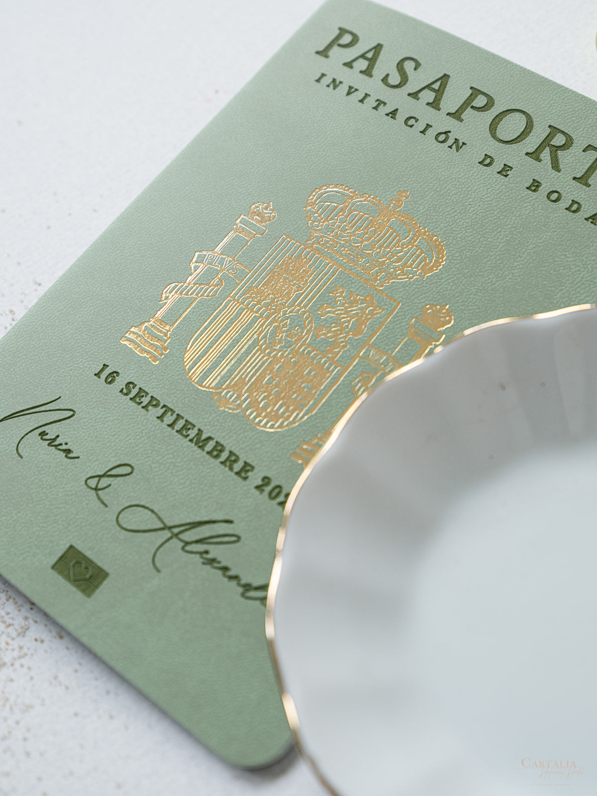 Sage Green Vegan Leather Passport Invitation | Bespoke Commission N&A