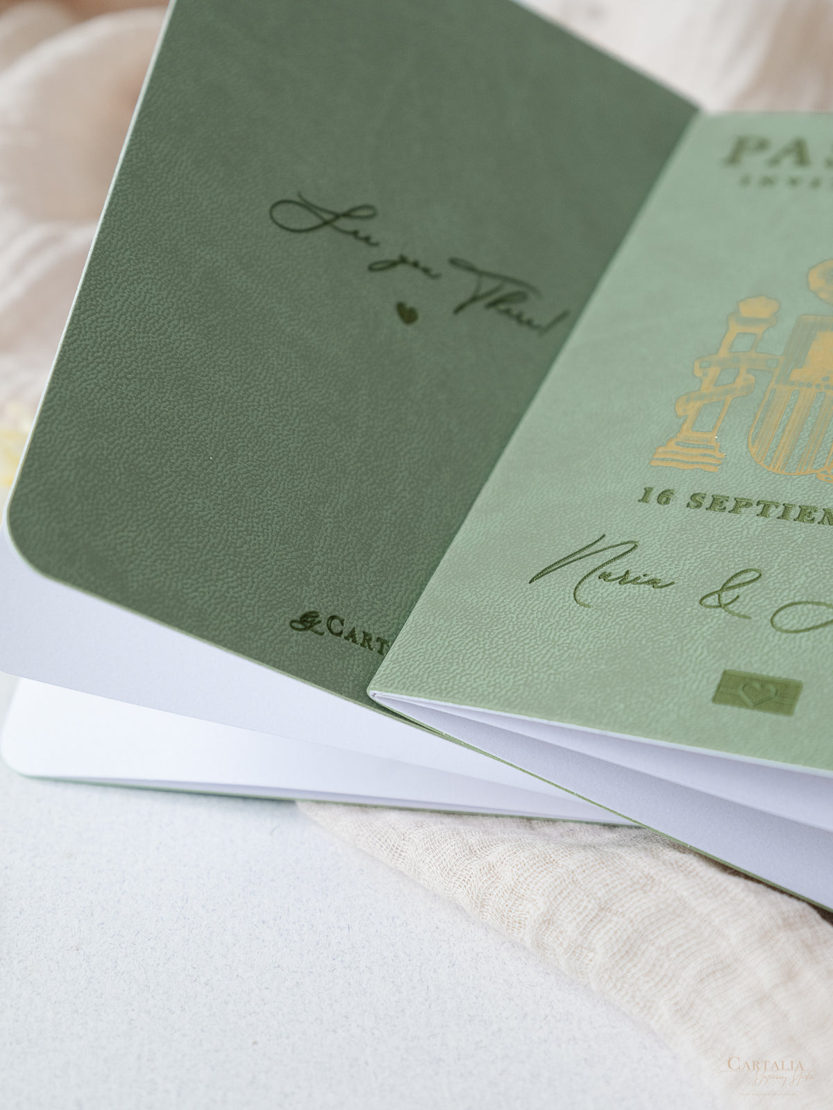 Invitación de pasaporte de cuero vegano de color verde salvia | Comisión a medida N&amp;A