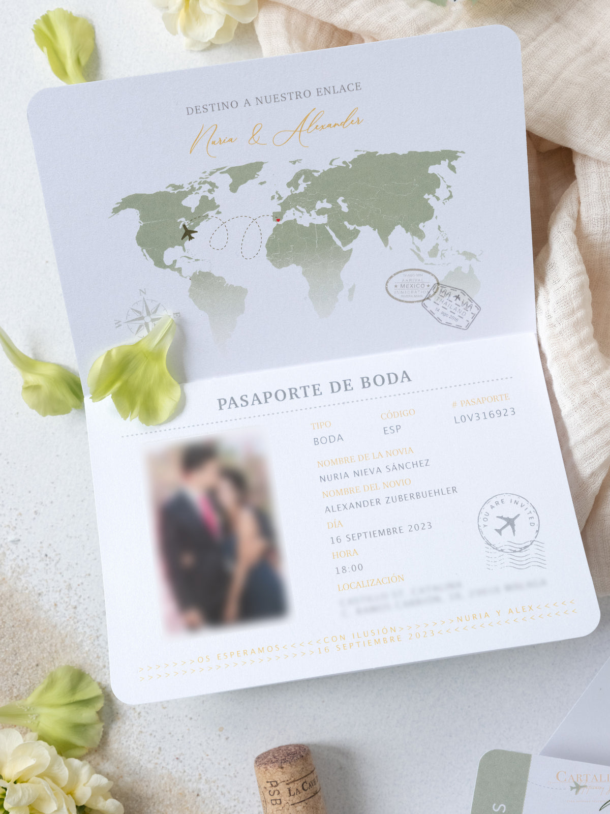 Sage Green Vegan Leather Passport Invitation | Bespoke Commission N&A