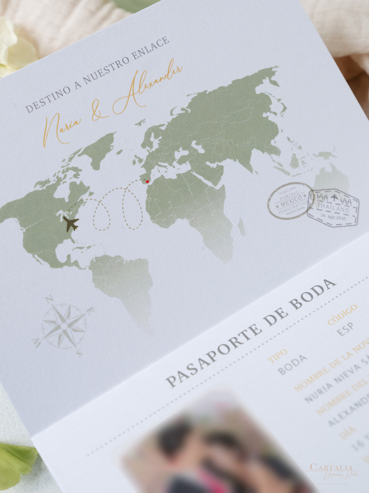 Sage Green Vegan Leather Passport Invitation | Bespoke Commission N&A