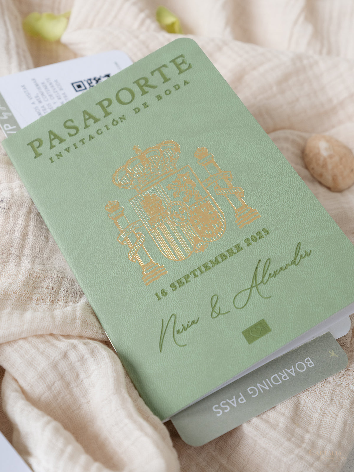 Sage Green Vegan Leather Passport Invitation | Bespoke Commission N&A