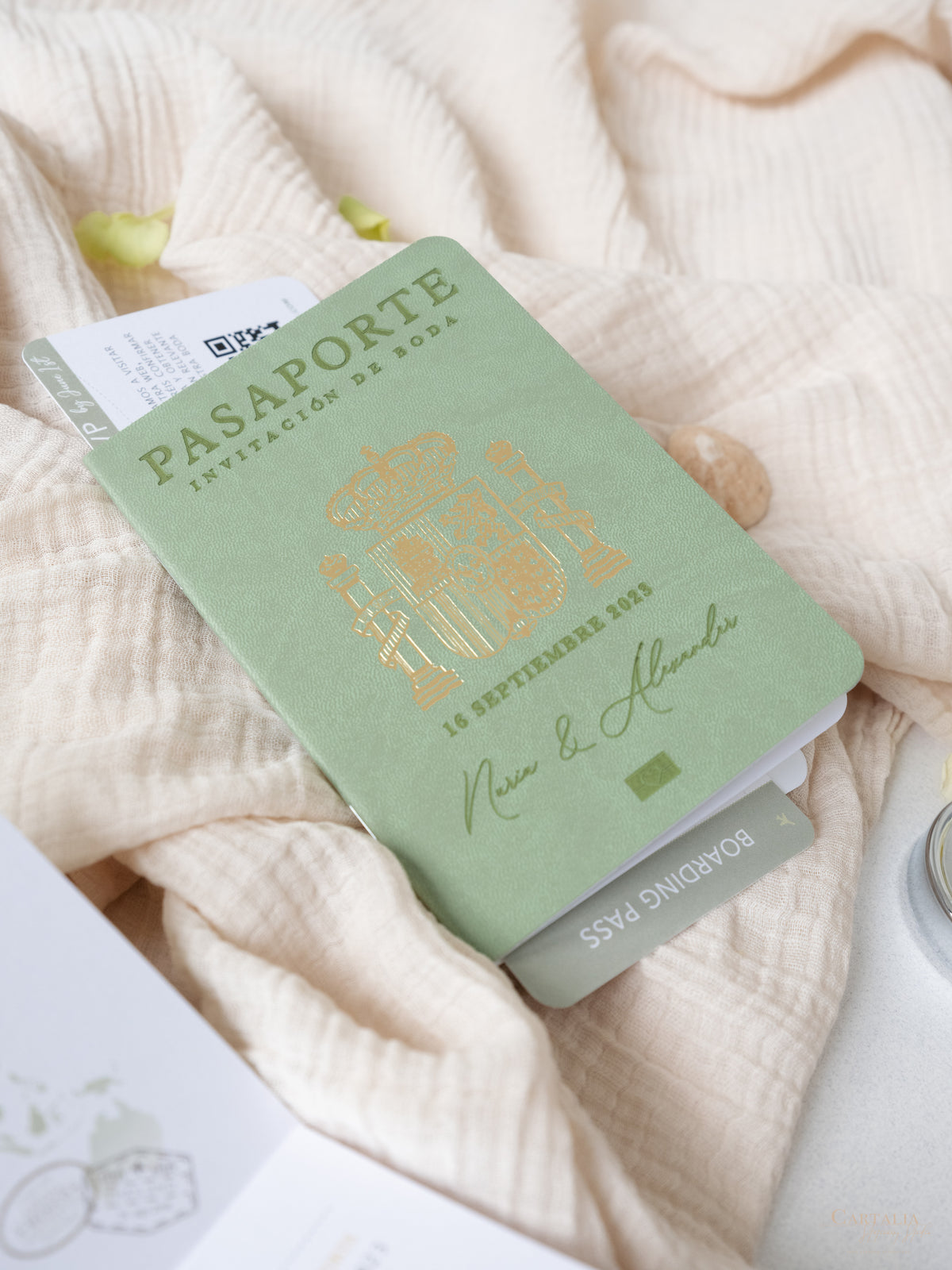 Sage Green Vegan Leather Passport Invitation | Bespoke Commission N&A