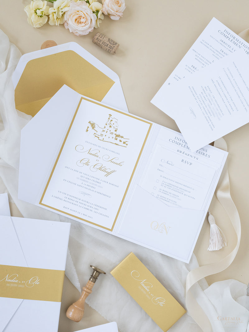 White & Gold Wedding Pocket Style Invitation with Custom Venue Sketch | Bespoke Commission N&O