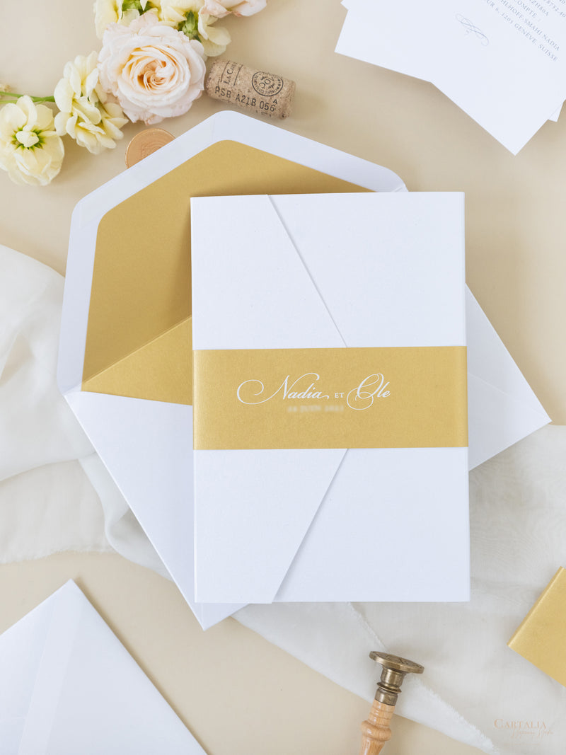 White & Gold Wedding Pocket Style Invitation with Custom Venue Sketch | Bespoke Commission N&O