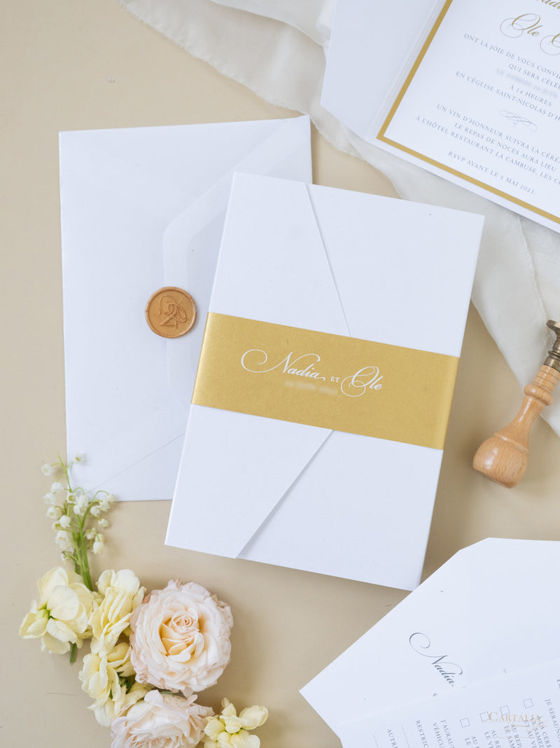 White & Gold Wedding Pocket Style Invitation with Custom Venue Sketch | Bespoke Commission N&O