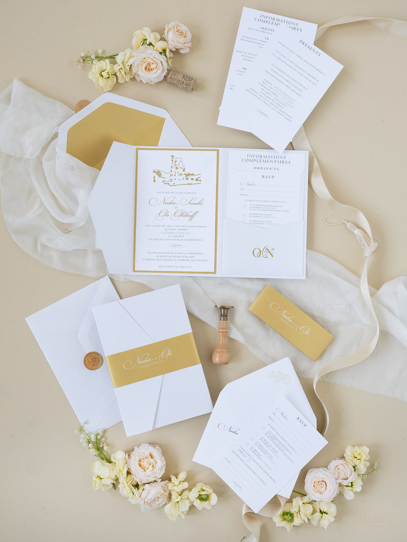 White & Gold Wedding Pocket Style Invitation with Custom Venue Sketch | Bespoke Commission N&O
