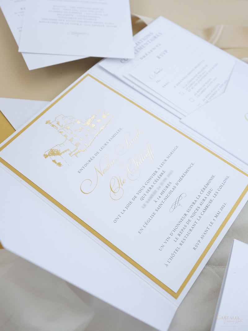 White & Gold Wedding Pocket Style Invitation with Custom Venue Sketch | Bespoke Commission N&O