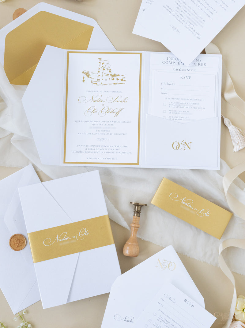 White & Gold Wedding Pocket Style Invitation with Custom Venue Sketch | Bespoke Commission N&O