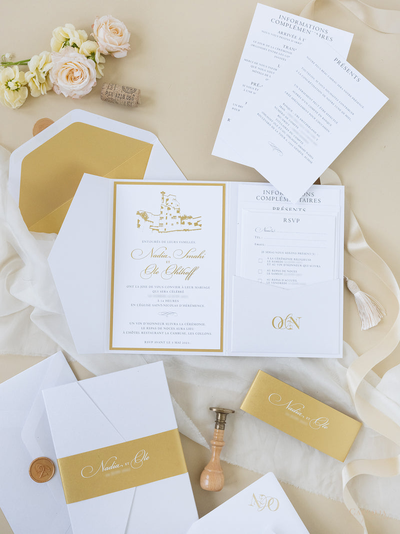 White & Gold Wedding Pocket Style Invitation with Custom Venue Sketch | Bespoke Commission N&O