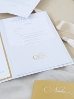 White & Gold Wedding Pocket Style Invitation with Custom Venue Sketch | Bespoke Commission N&O