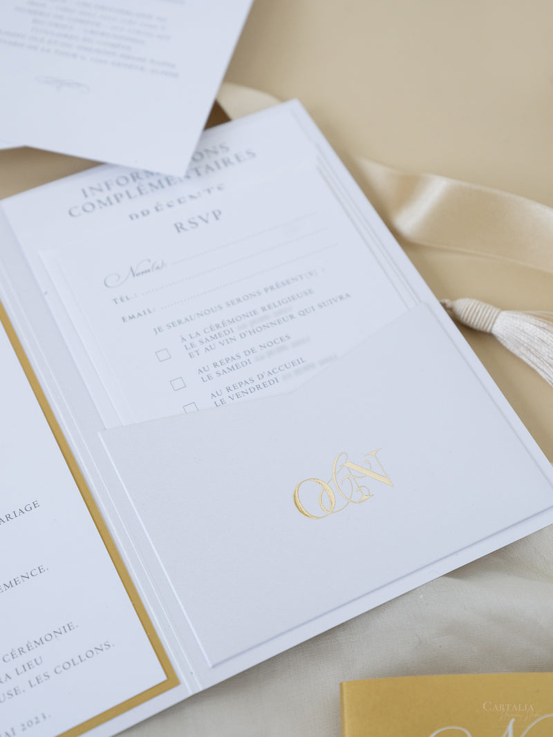 White & Gold Wedding Pocket Style Invitation with Custom Venue Sketch | Bespoke Commission N&O