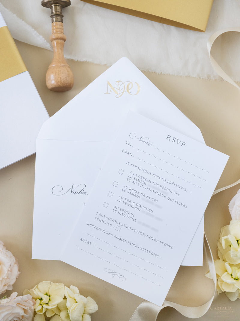 White & Gold Wedding Pocket Style Invitation with Custom Venue Sketch | Bespoke Commission N&O