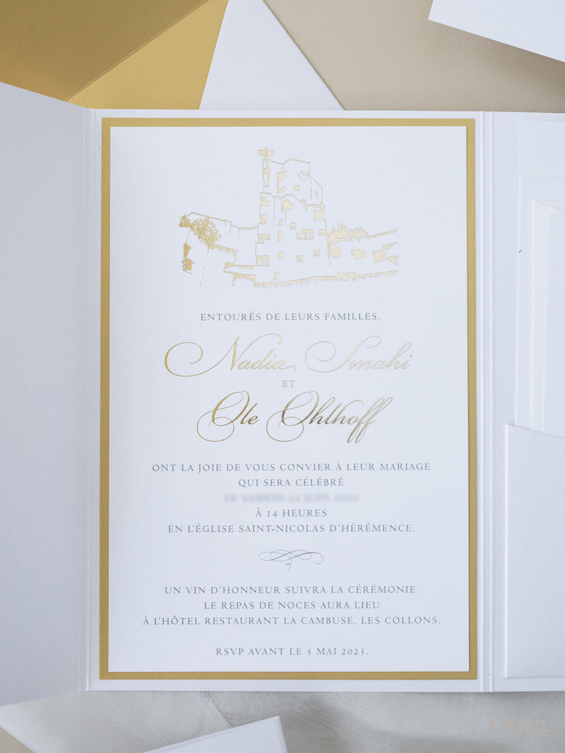 White & Gold Wedding Pocket Style Invitation with Custom Venue Sketch | Bespoke Commission N&O