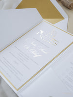White & Gold Wedding Pocket Style Invitation with Custom Venue Sketch | Bespoke Commission N&O