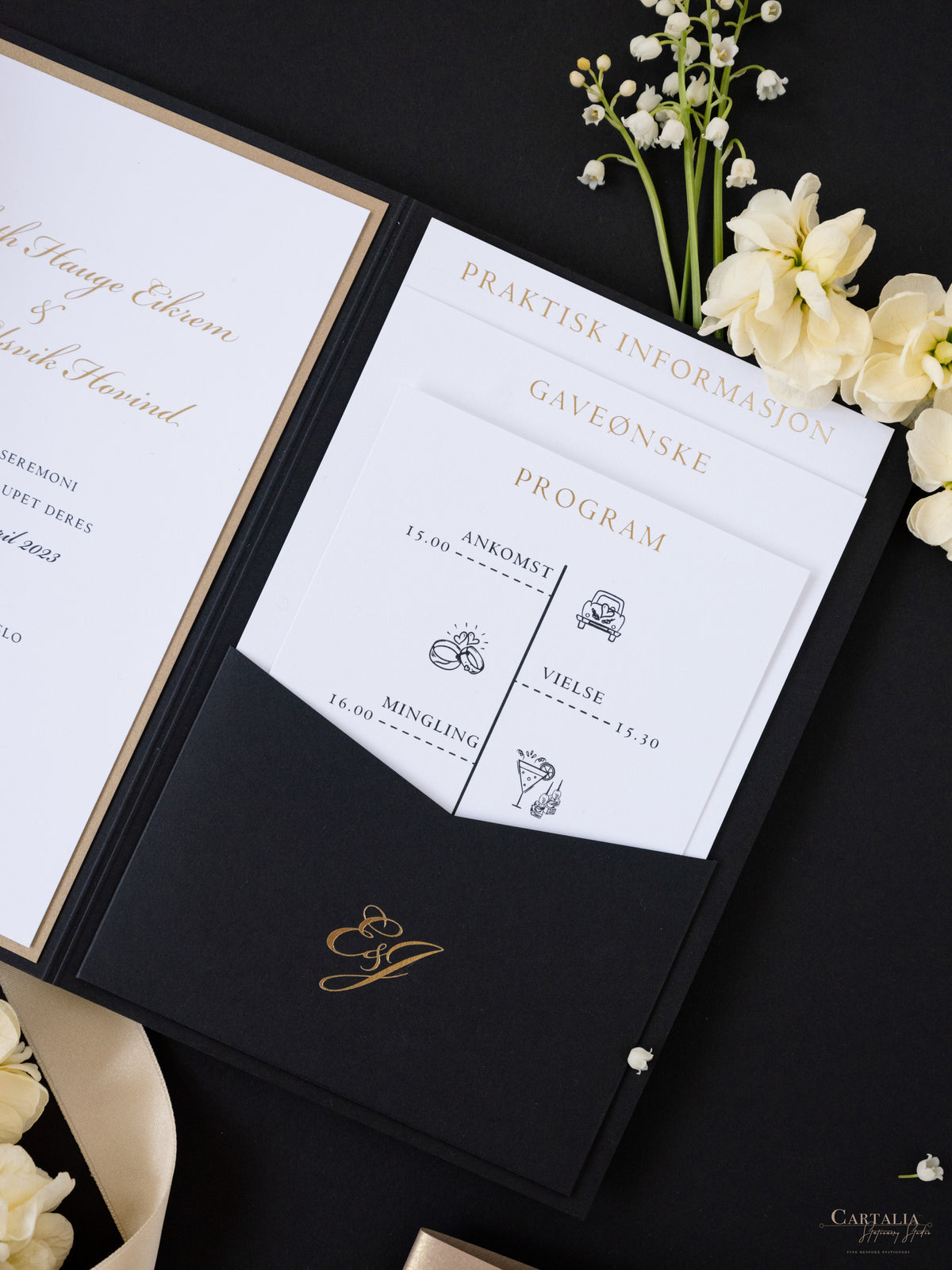 Black & Gold Foil Pocket Invitation with Wax Seal | Bespoke Commission E&J