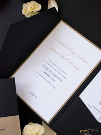 Invitación de bolsillo de aluminio negro y dorado con sello de cera | Comisión personalizada E&amp;J