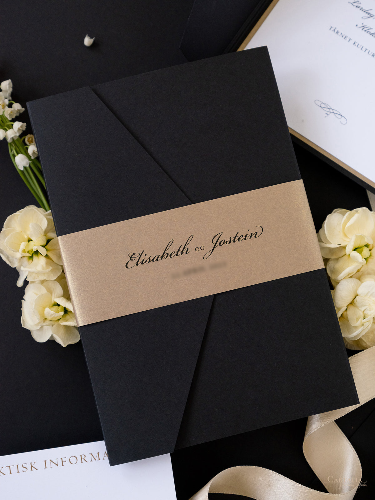 Black & Gold Foil Pocket Invitation with Wax Seal | Bespoke Commission E&J