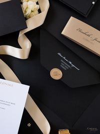 Black & Gold Foil Pocket Invitation with Wax Seal | Bespoke Commission E&J