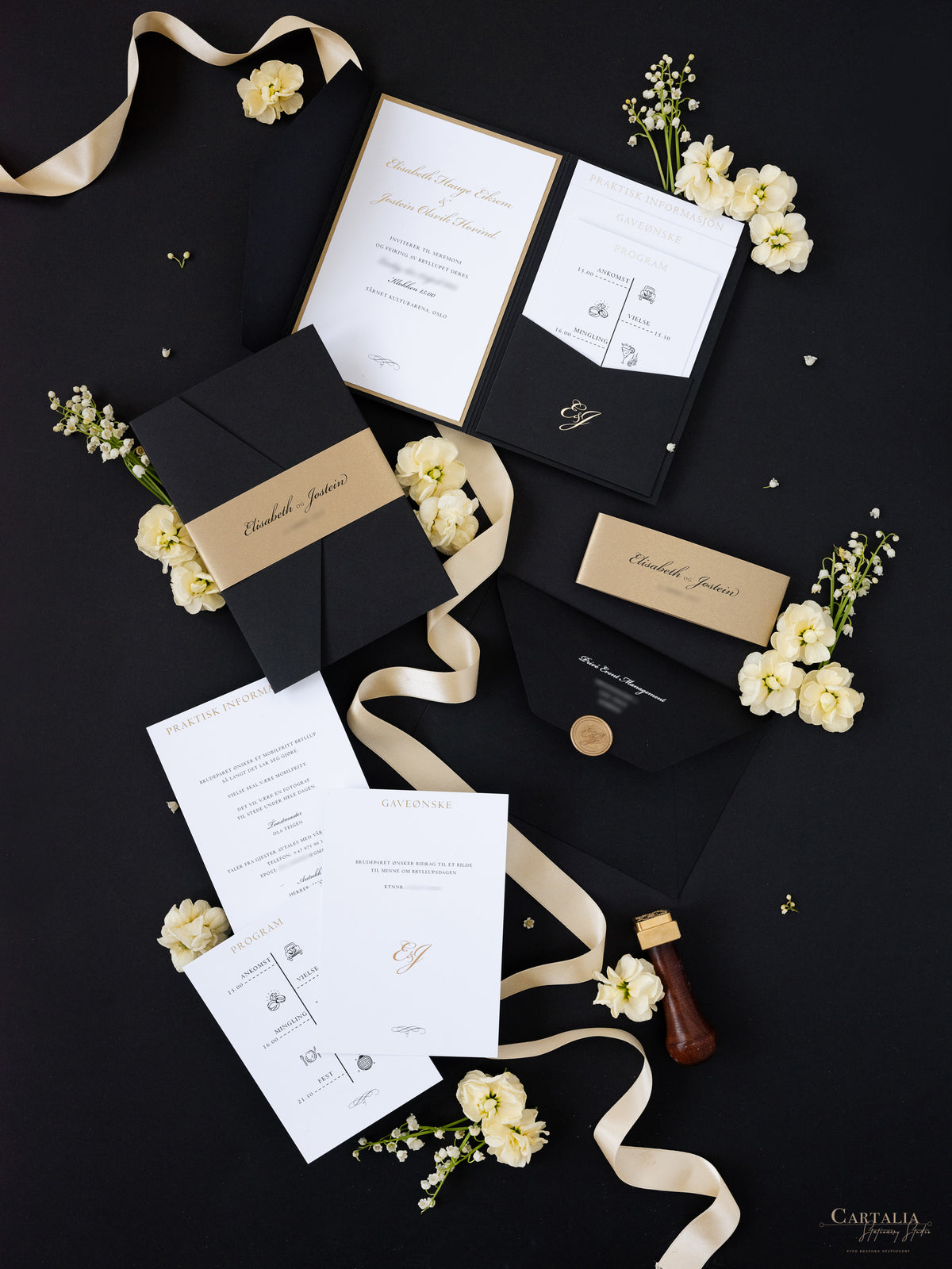 Black & Gold Foil Pocket Invitation with Wax Seal | Bespoke Commission E&J