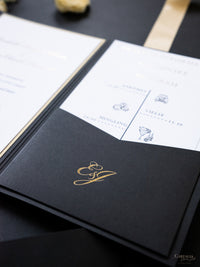 Black & Gold Foil Pocket Invitation with Wax Seal | Bespoke Commission E&J