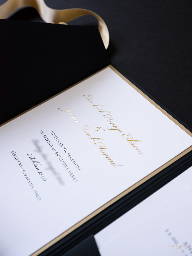 Invitación de bolsillo de aluminio negro y dorado con sello de cera | Comisión personalizada E&amp;J