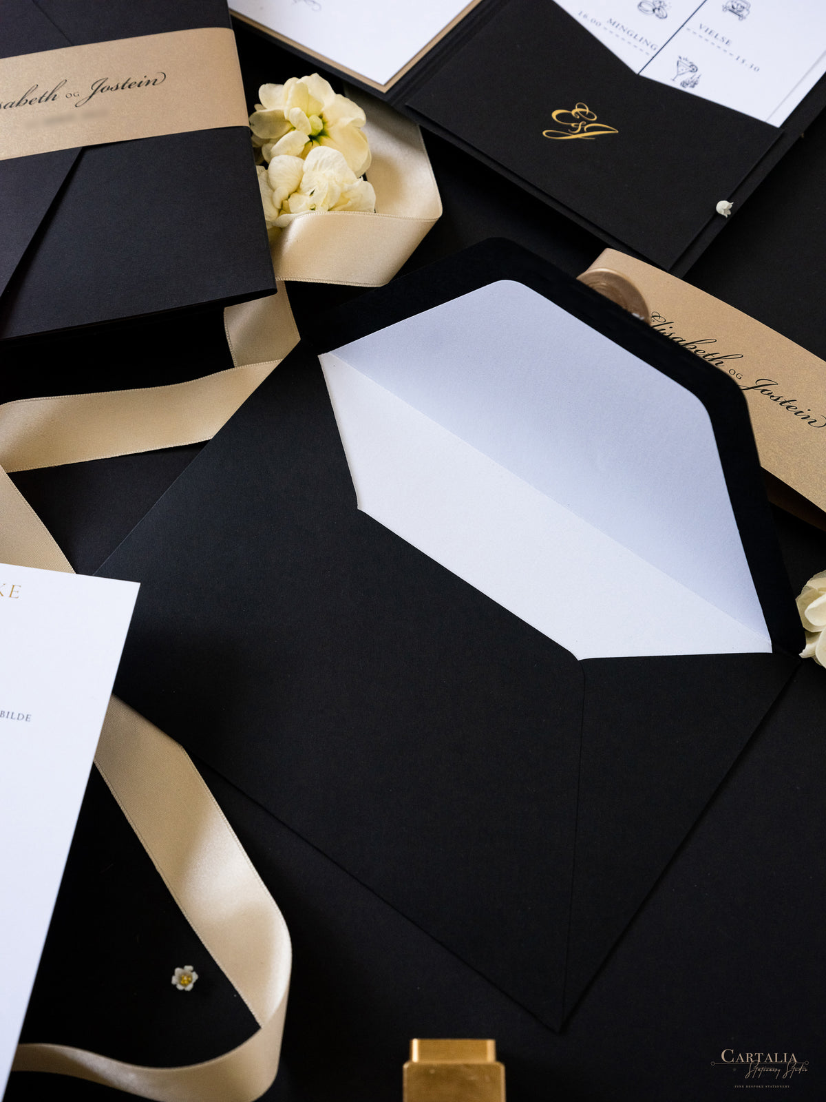 Black & Gold Foil Pocket Invitation with Wax Seal | Bespoke Commission E&J