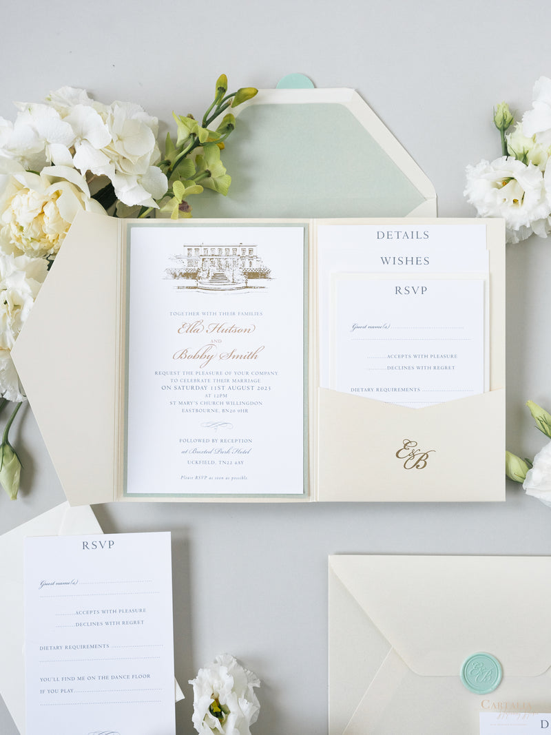 Custom Wedding Venue Illustration |  Foiled Venue Invitation Pocket Suite in Classic Envelope Fold in Gold Foil | SAMPLE