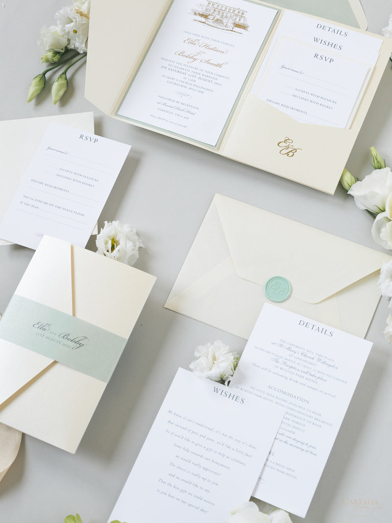 Custom Wedding Venue Illustration |  Foiled Venue Invitation Pocket Suite in Classic Envelope Fold in Gold Foil | SAMPLE