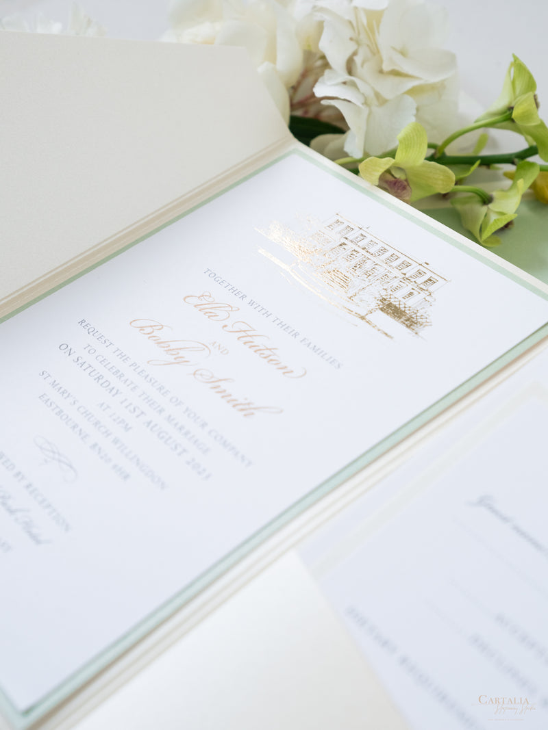 Custom Wedding Venue Illustration |  Foiled Venue Invitation Pocket Suite in Classic Envelope Fold in Gold Foil | SAMPLE