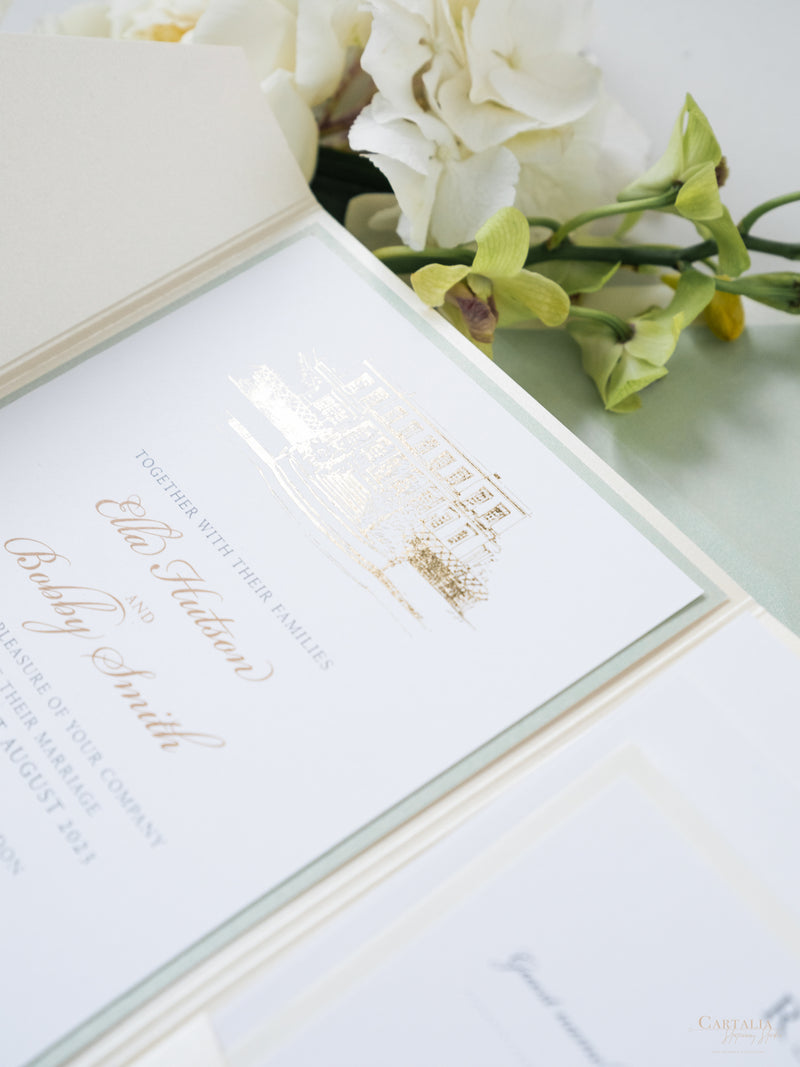 Custom Wedding Venue Illustration |  Foiled Venue Invitation Pocket Suite in Classic Envelope Fold in Gold Foil | SAMPLE
