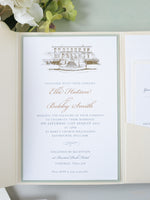 Custom Wedding Venue Illustration |  Foiled Venue Invitation Pocket Suite in Classic Envelope Fold in Gold Foil | SAMPLE