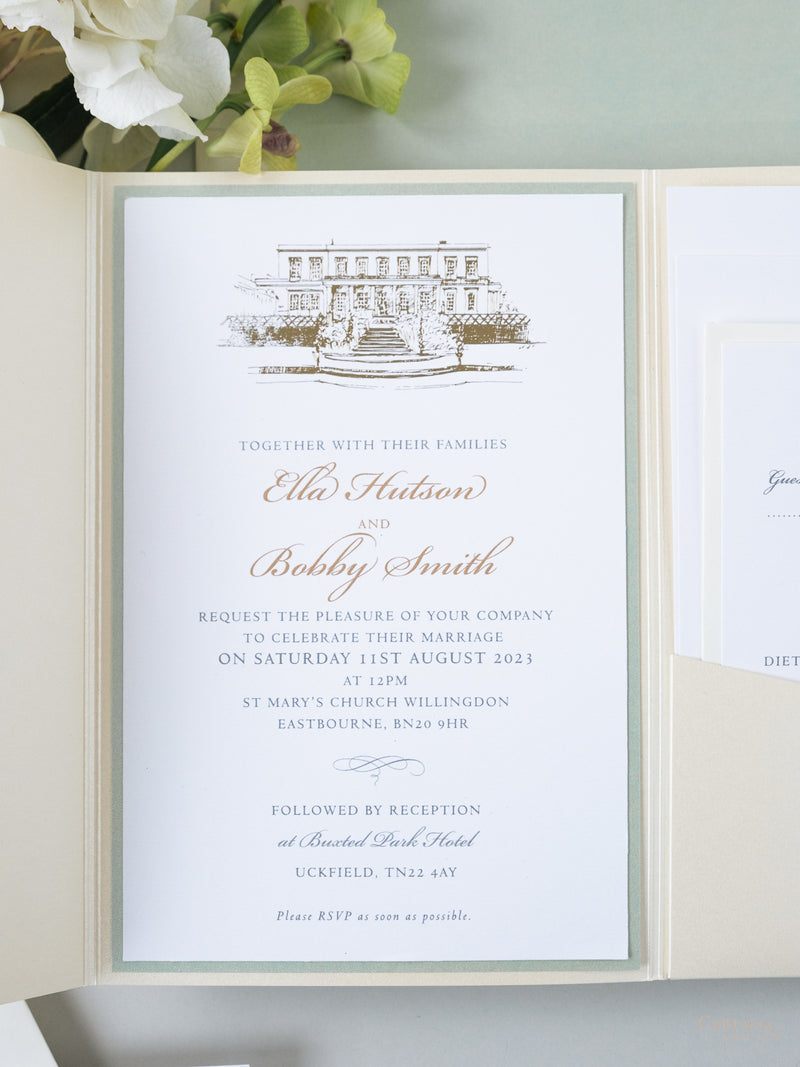 Custom Wedding Venue Illustration |  Foiled Venue Invitation Pocket Suite in Classic Envelope Fold in Gold Foil | SAMPLE