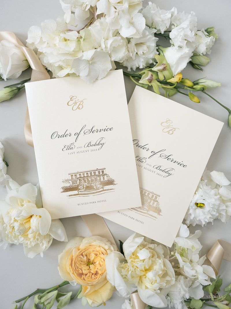 Order Of Service with Bespoke Venue Sketch In Gold Foil