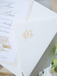 Custom Wedding Venue Illustration |  Foiled Venue Save the Date in Gold Foil | SAMPLE