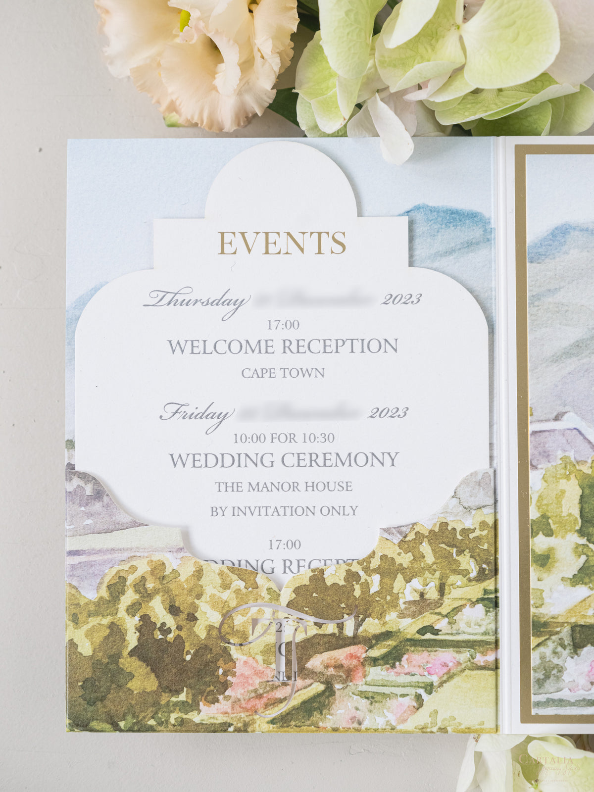 Tri Fold Pocket Wedding Invitation With Venue Watercolour and Oval Wax Seal | Bespoke Commission E&L