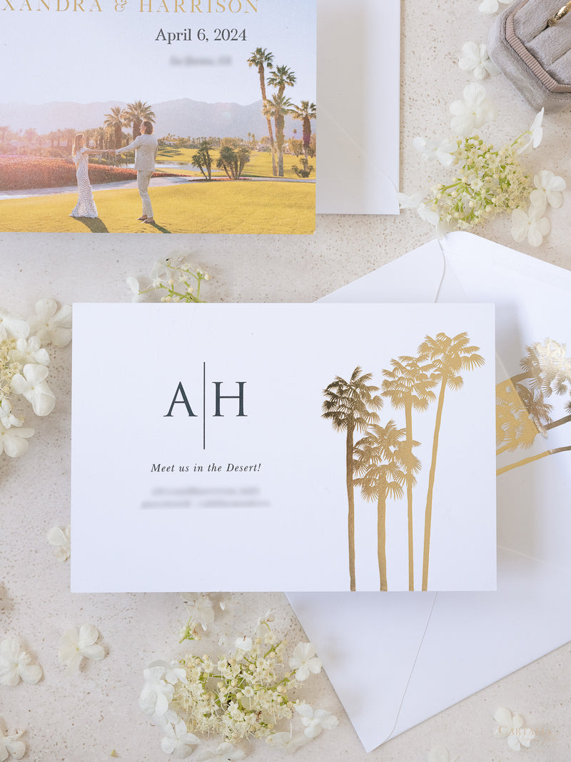 Foto personalizada para guardar la fecha con diseño de palmera y lámina dorada | Comisión personalizada A&amp;H