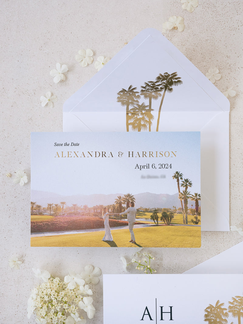 Foto personalizada para guardar la fecha con diseño de palmera y lámina dorada | Comisión personalizada A&amp;H