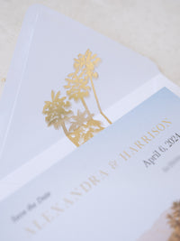 Foto personalizada para guardar la fecha con diseño de palmera y lámina dorada | Comisión personalizada A&amp;H