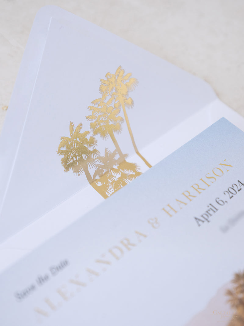Foto personalizada para guardar la fecha con diseño de palmera y lámina dorada | Comisión personalizada A&amp;H