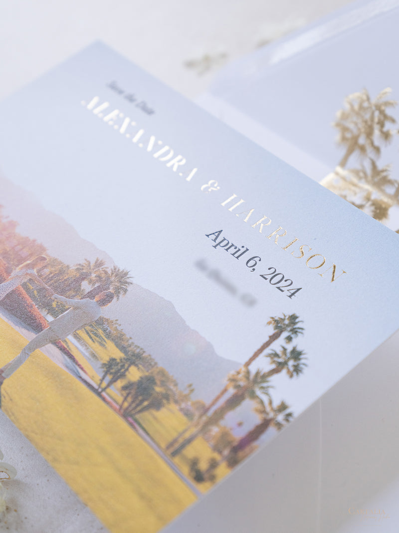 Foto personalizada para guardar la fecha con diseño de palmera y lámina dorada | Comisión personalizada A&amp;H