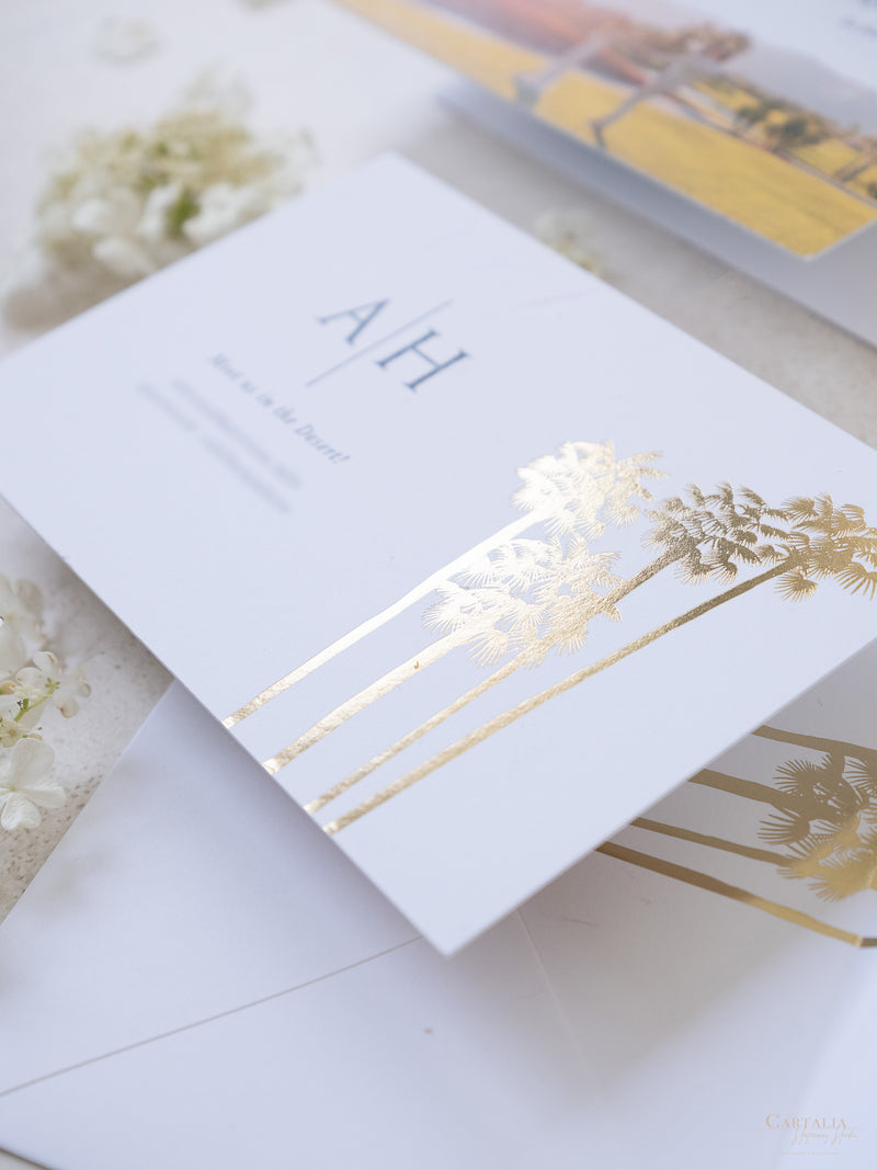 Foto personalizada para guardar la fecha con diseño de palmera y lámina dorada | Comisión personalizada A&amp;H