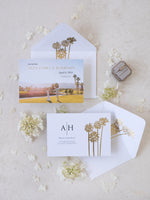 Foto personalizada para guardar la fecha con diseño de palmera y lámina dorada | Comisión personalizada A&amp;H