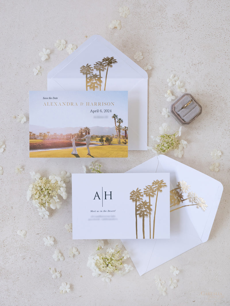 Foto personalizada para guardar la fecha con diseño de palmera y lámina dorada | Comisión personalizada A&amp;H